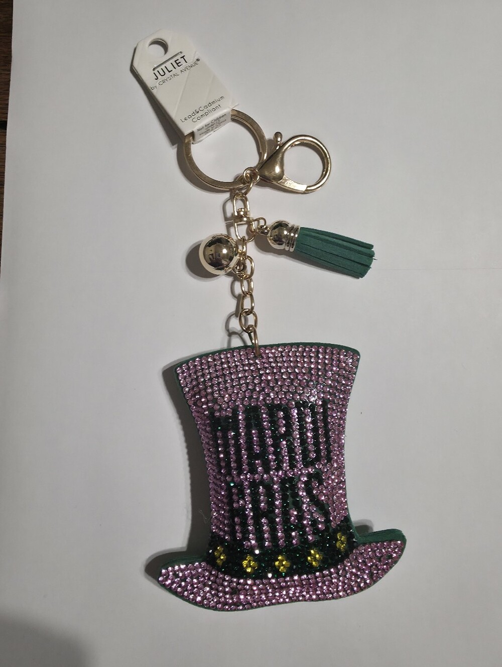 Mardi Gras Crystal Encrusted Pink Top Hat Keychain with Green Tassel